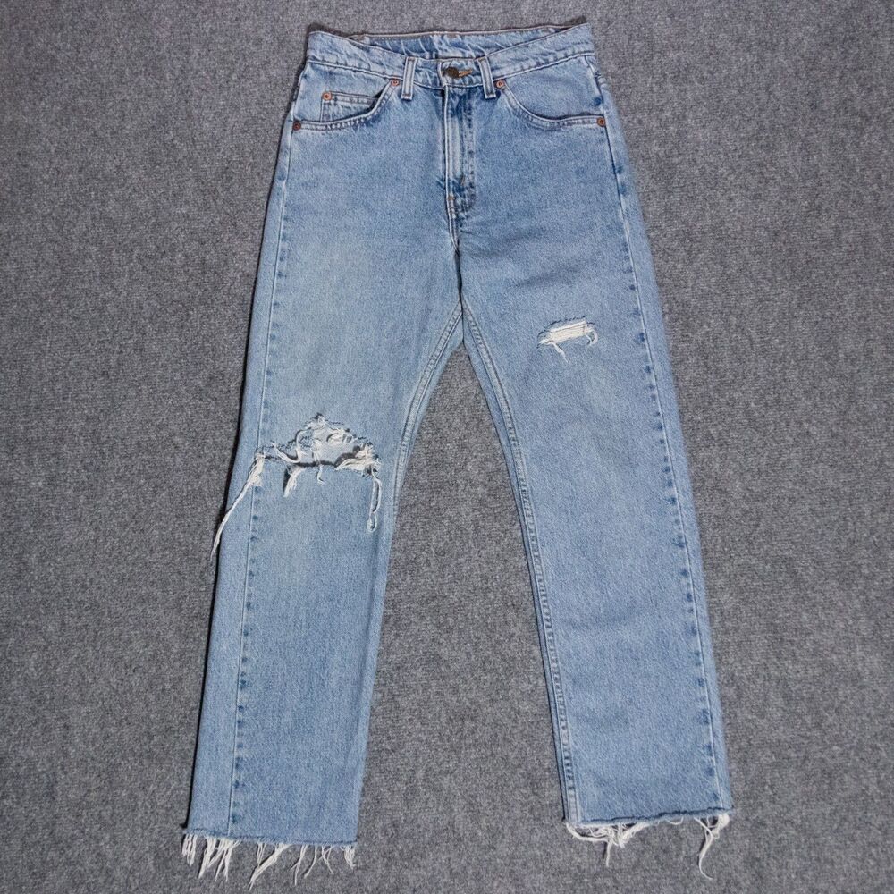 Vintage Levi's 505 Orange Tab Blue Jeans Distressed Raw Hem Straight Leg 27x27